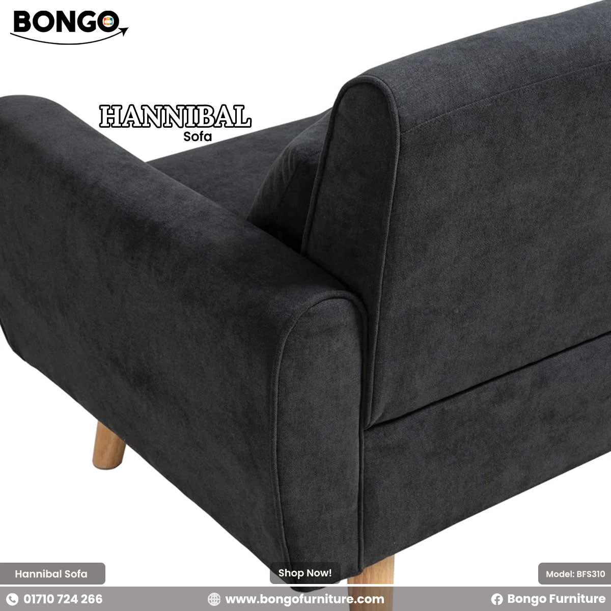 Black sofa with 'Bongo' branding on a white background