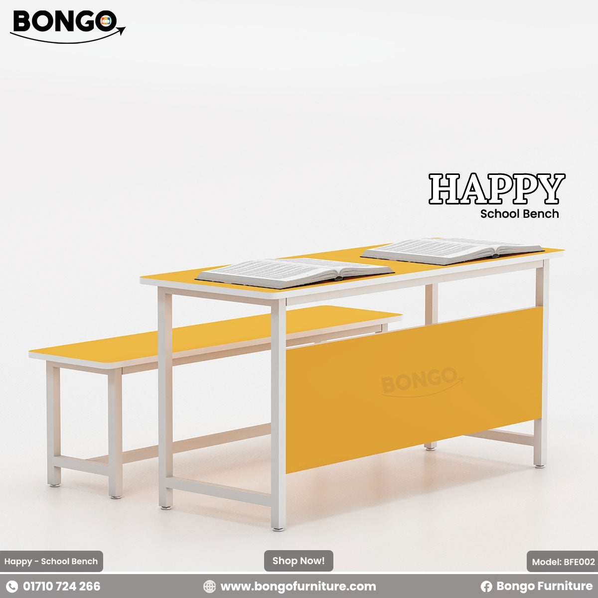 A yellow and white school bench with a metal frame and laminated board seat and backrest, branded as 'BONGO' with the model number 'BFE002'.