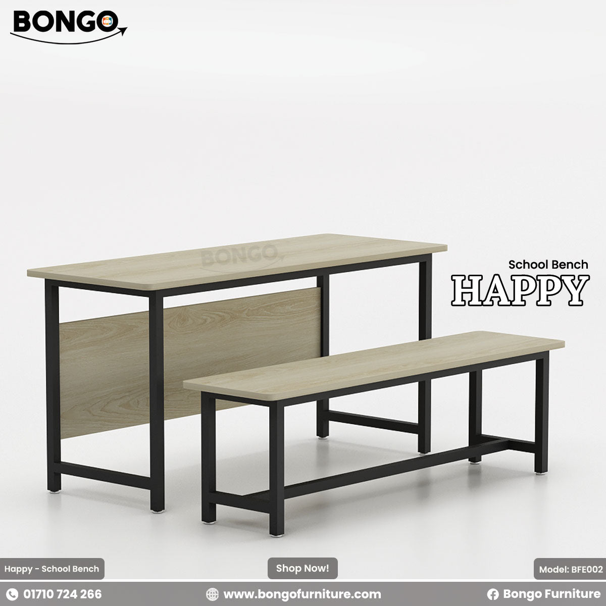 A Albino and Black school bench with a metal frame and laminated board seat and backrest, branded as 'BONGO' with the model number 'BFE002'.