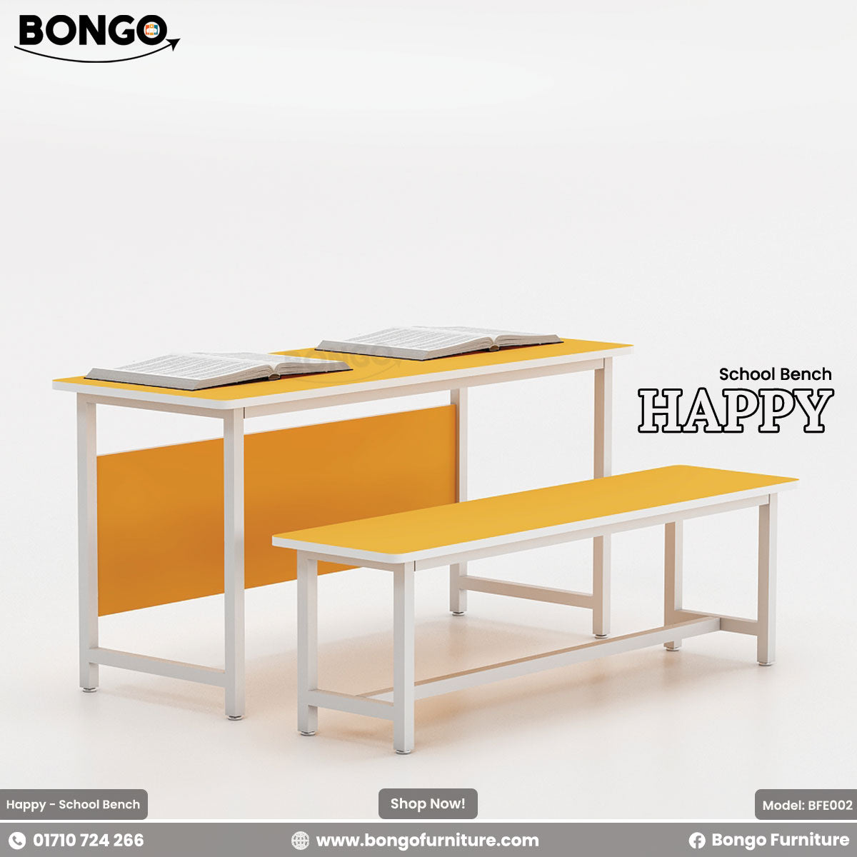 A yellow and white school bench with a metal frame and laminated board seat and backrest, branded as 'BONGO' with the model number 'BFE002'.