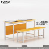 A yellow and white school bench with a metal frame and laminated board seat and backrest, branded as 'BONGO' with the model number 'BFE002'.