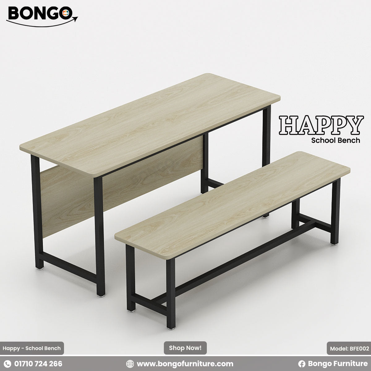 A Albino and Black school bench with a metal frame and laminated board seat and backrest, branded as 'BONGO' with the model number 'BFE002'.