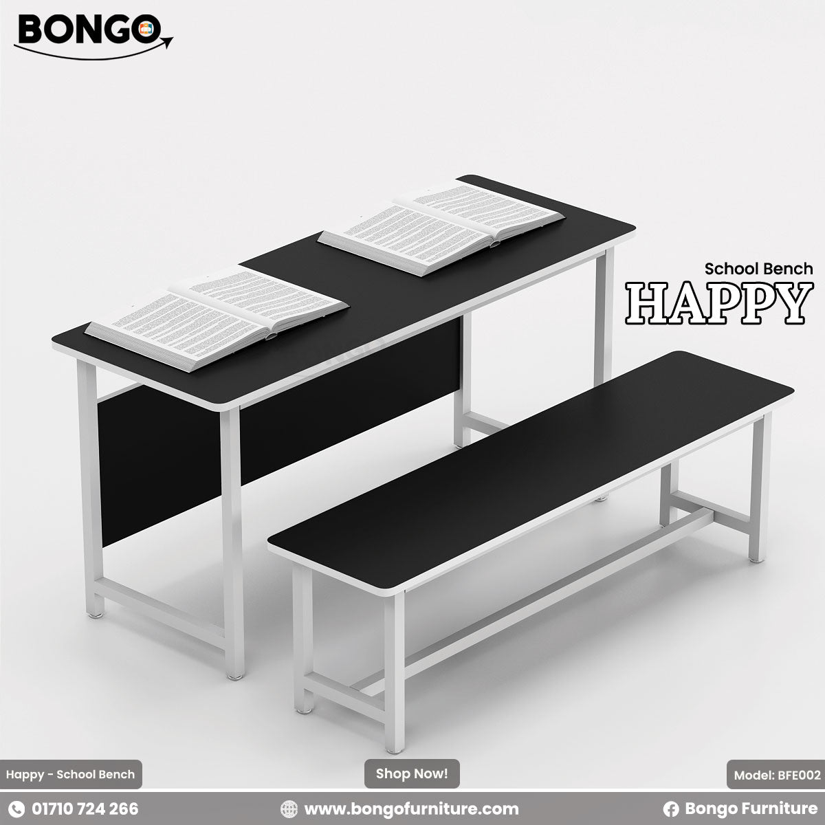 A promotional image of the 'School Bench HAPPY', a two-person student desk and a matching backless bench. Both the desk and bench feature a black surface with a white edge trim and are supported by a black metal frame. The desk is shown with two open books on top.