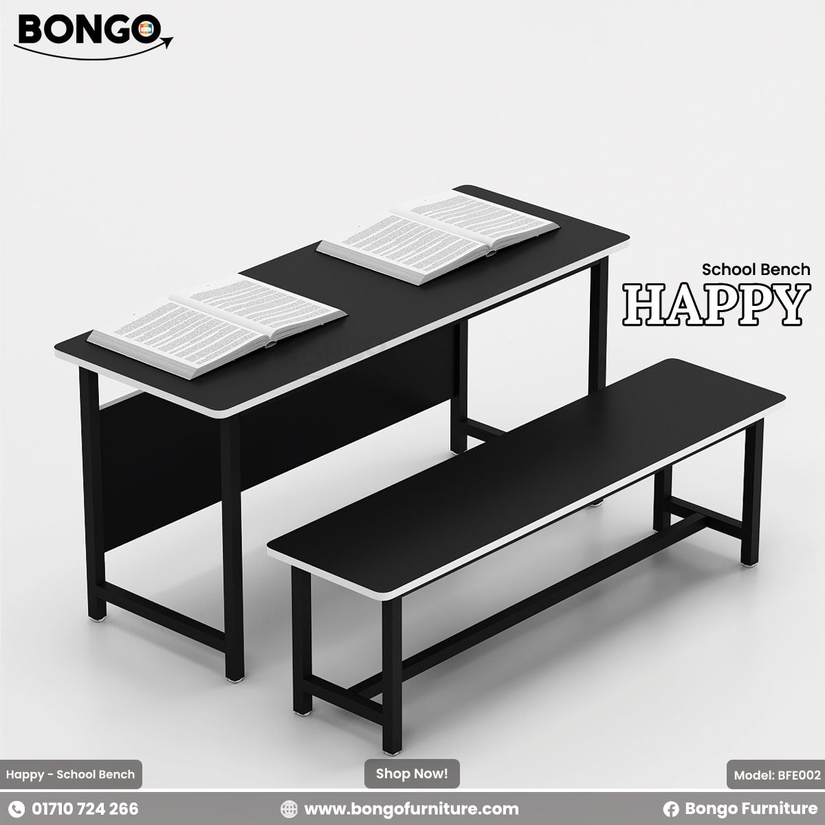 A promotional image of the 'School Bench HAPPY', a two-person student desk and a matching backless bench. Both the desk and bench feature a black surface with a white edge trim and are supported by a black metal frame. The desk is shown with two open books on top.