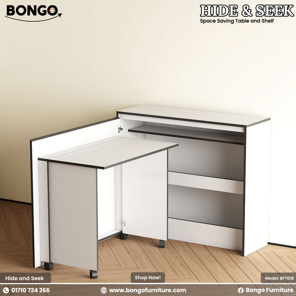 Space-saving table and shelf with Bongo Furniture branding on a white background