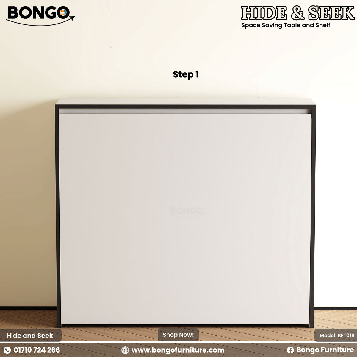 Space-saving table and shelf with Bongo Furniture branding