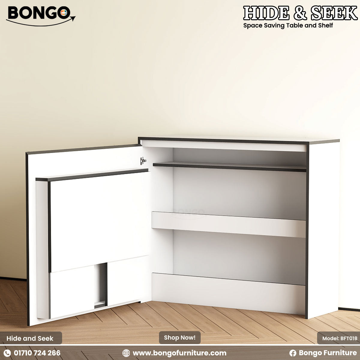Space-saving table and shelf with Bongo Furniture branding