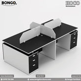A modern Hoco Workstation with a black and white color scheme, featuring built-in drawers, privacy panels, and a spacious layout.