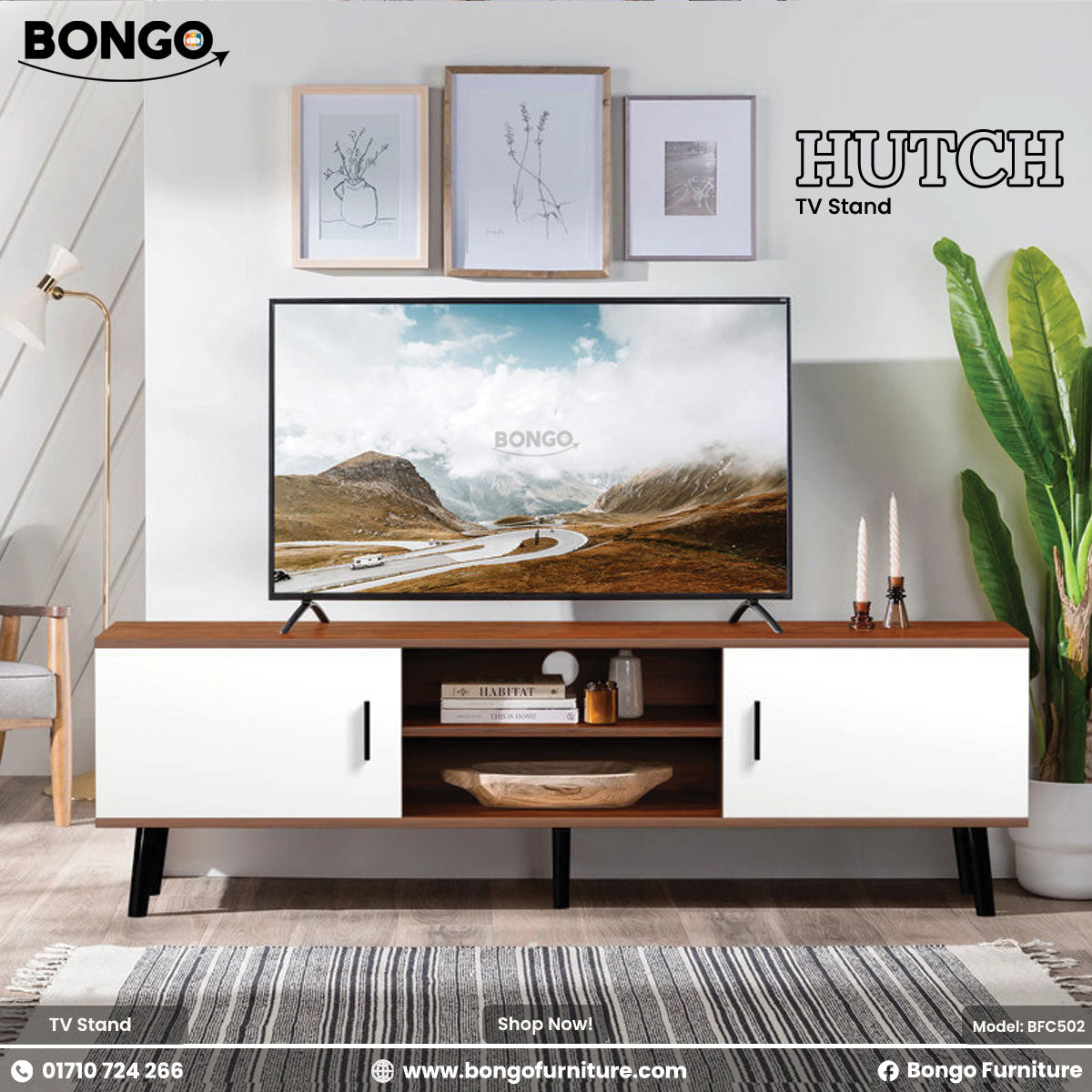 A promotional image of a modern TV stand in a well-lit living room setting. The low-profile console has a dark, reddish-brown wood-grain frame and top, contrasted with two solid white cabinet doors on either end. The center of the unit features two open shelves housing electronic devices. A large flat-screen television is mounted on the wall above the stand, displaying a scenic landscape. The room is styled with a tall, slender air conditioner to the right, a large potted plant to the left, and decorative i