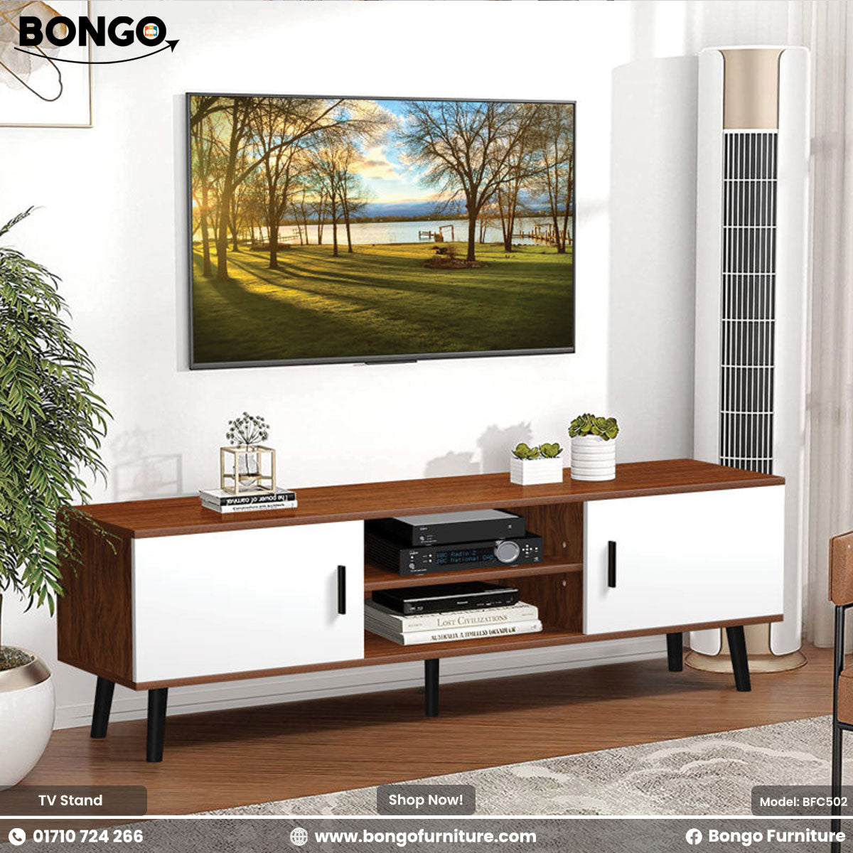 A promotional image of a modern TV stand in a well-lit living room setting. The low-profile console has a dark, reddish-brown wood-grain frame and top, contrasted with two solid white cabinet doors on either end. The center of the unit features two open shelves housing electronic devices. A large flat-screen television is mounted on the wall above the stand, displaying a scenic landscape. The room is styled with a tall, slender air conditioner to the right, a large potted plant to the left, and decorative i