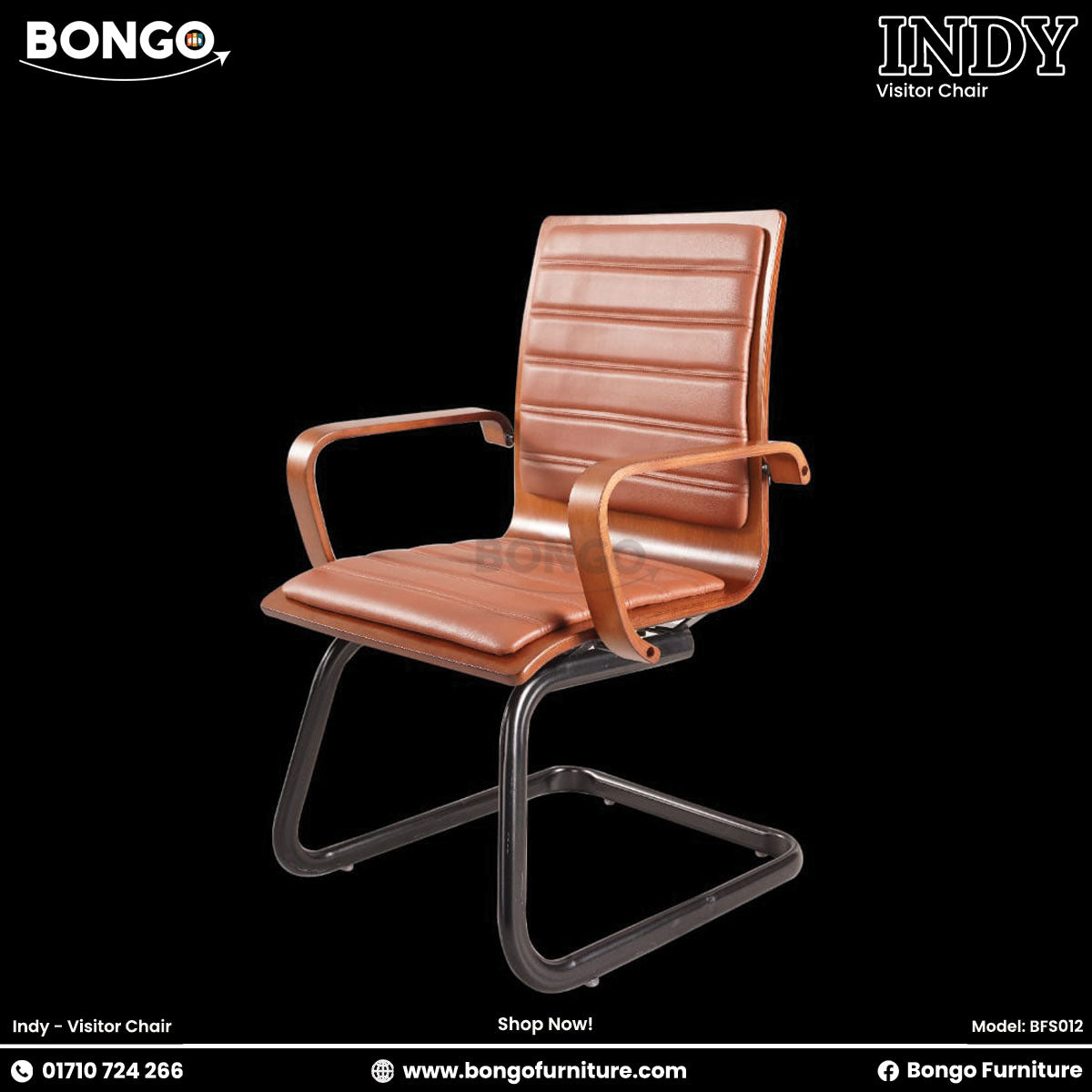 A promotional image of the 'INDY Visitor Chair,' a mid-century modern design. The chair features a single-piece bentwood shell in a dark wood finish, which includes integrated, curved armrests. The seat and back have tan, leather-style cushions with horizontal channel stitching, and the chair is supported by a black metal base. The image is set against a solid black background.