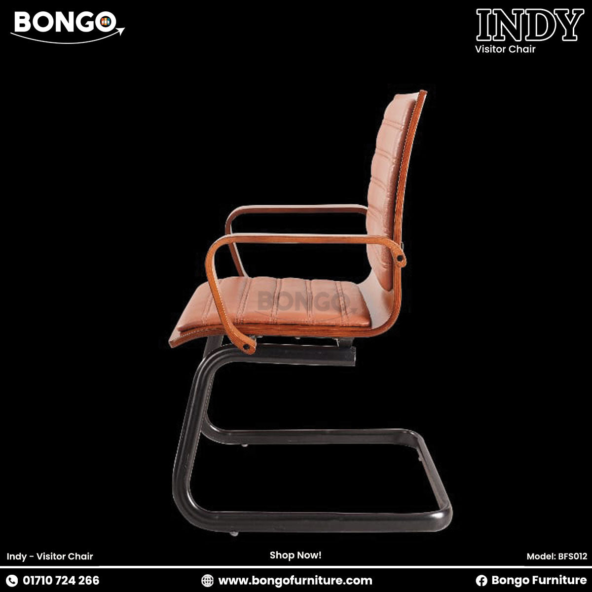 A promotional image of the 'INDY Visitor Chair,' a mid-century modern design. The chair features a single-piece bentwood shell in a dark wood finish, which includes integrated, curved armrests. The seat and back have tan, leather-style cushions with horizontal channel stitching, and the chair is supported by a black metal base. The image is set against a solid black background.