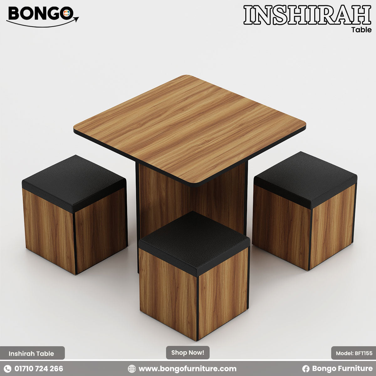 A modern Inshirah dining table with a beige laminated tabletop and black legs, accompanied by four matching stools with beige cushioned seats. The table is displayed against a white background with the Bongo Furniture logo and contact information.