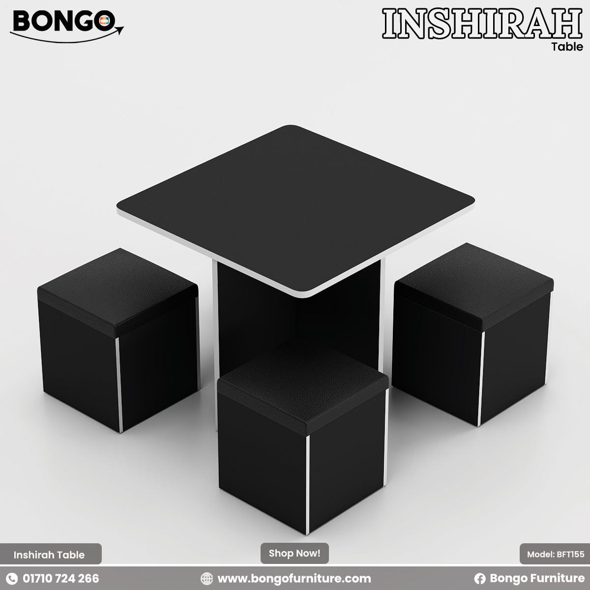 A modern Inshirah dining table with a beige laminated tabletop and black legs, accompanied by four matching stools with beige cushioned seats. The table is displayed against a white background with the Bongo Furniture logo and contact information.