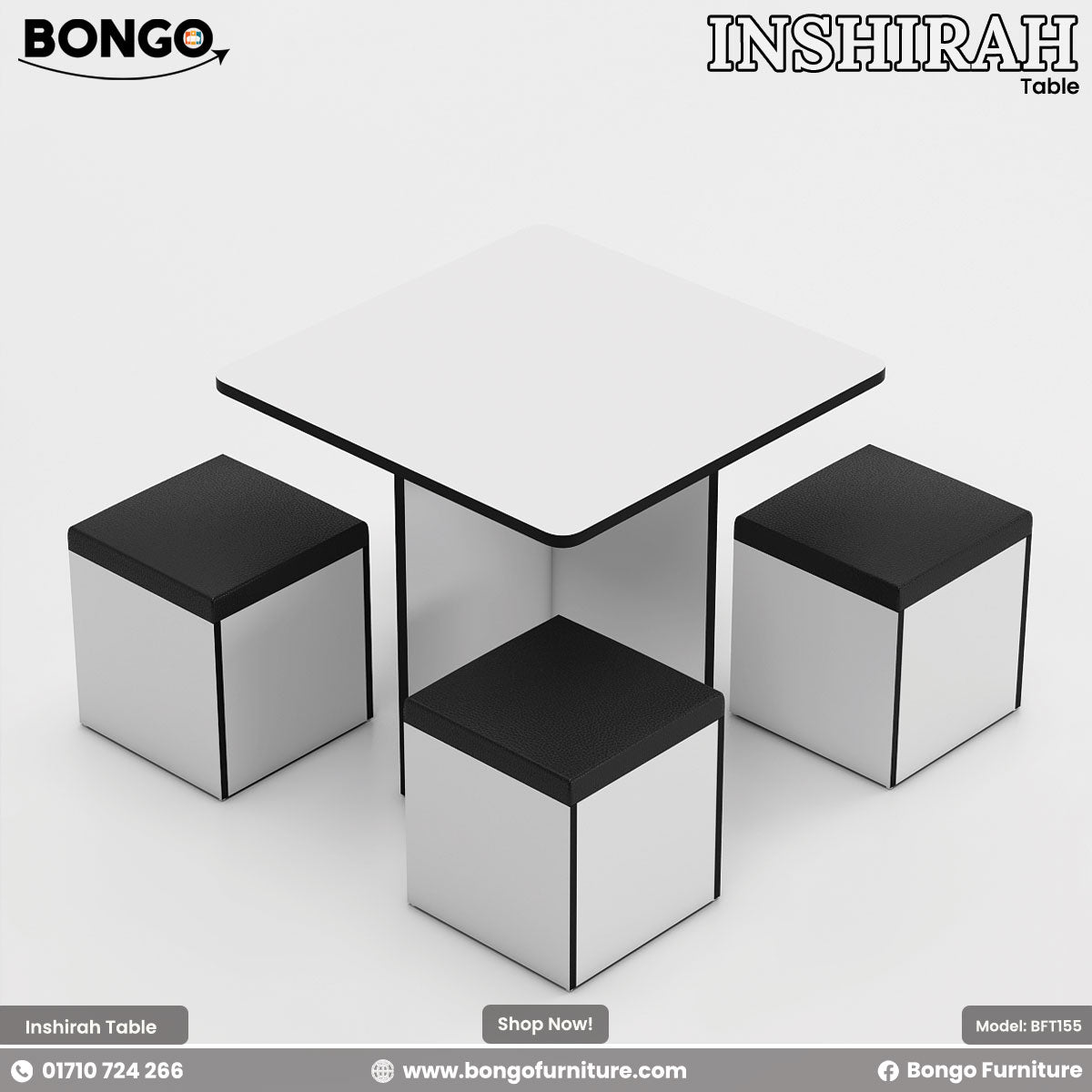 A modern Inshirah dining table with a beige laminated tabletop and black legs, accompanied by four matching stools with beige cushioned seats. The table is displayed against a white background with the Bongo Furniture logo and contact information.