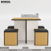 A modern Inshirah dining table with a beige laminated tabletop and black legs, accompanied by four matching stools with beige cushioned seats. The table is displayed against a white background with the Bongo Furniture logo and contact information.