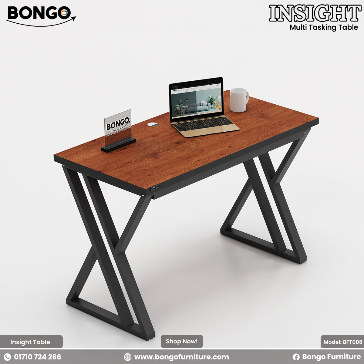 Water Resistant Strong Laminated Board desk with black metal legs featuring a laptop and mug on a white background, branded as Bongo.