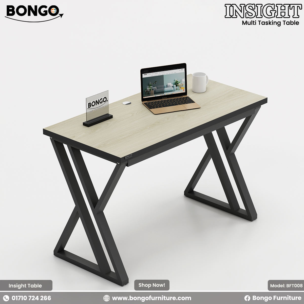 Bongo Insight multi-tasking table with a laptop and mug on a white background