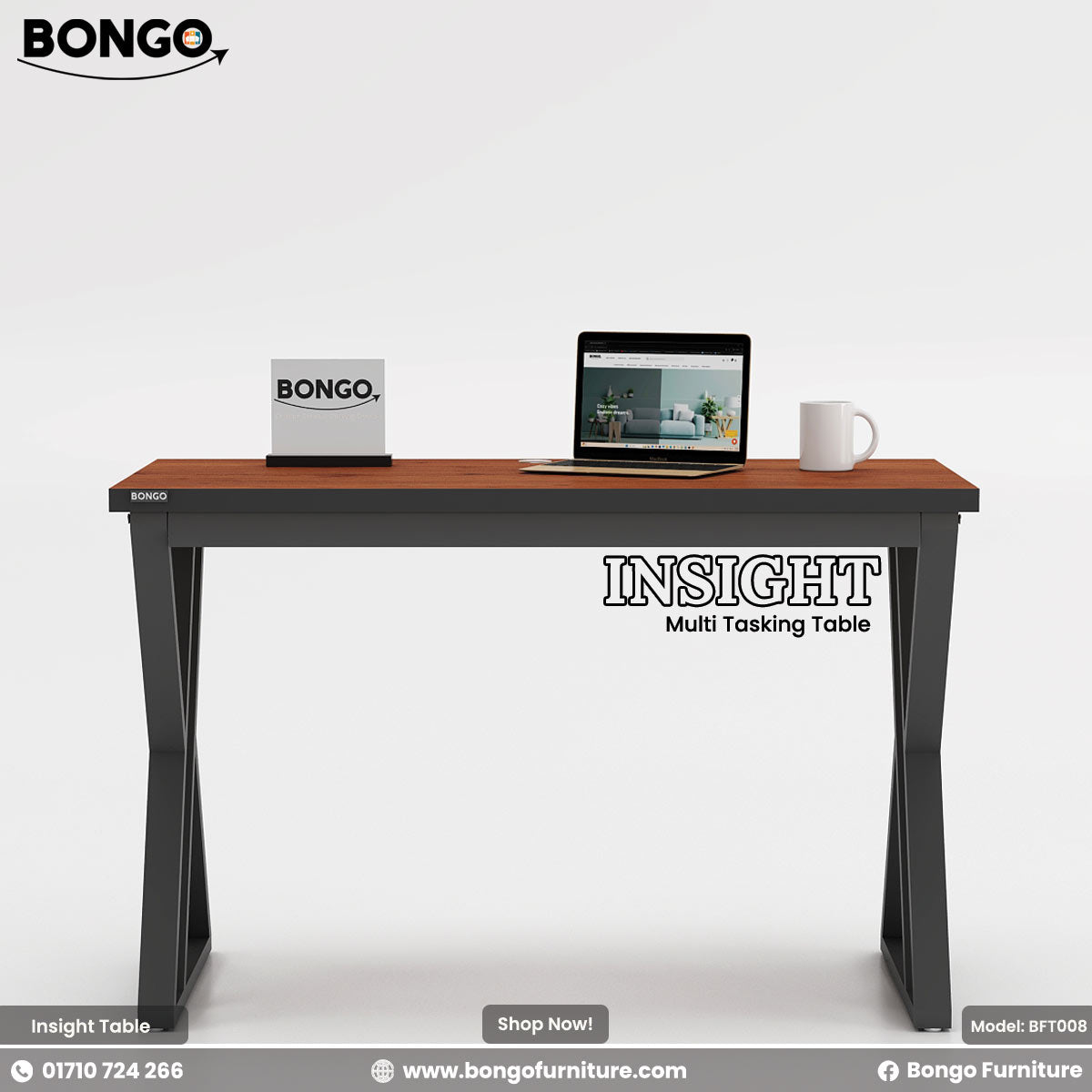 Bongo Insight multi-tasking table with laptop, tablet, and mug on a white background