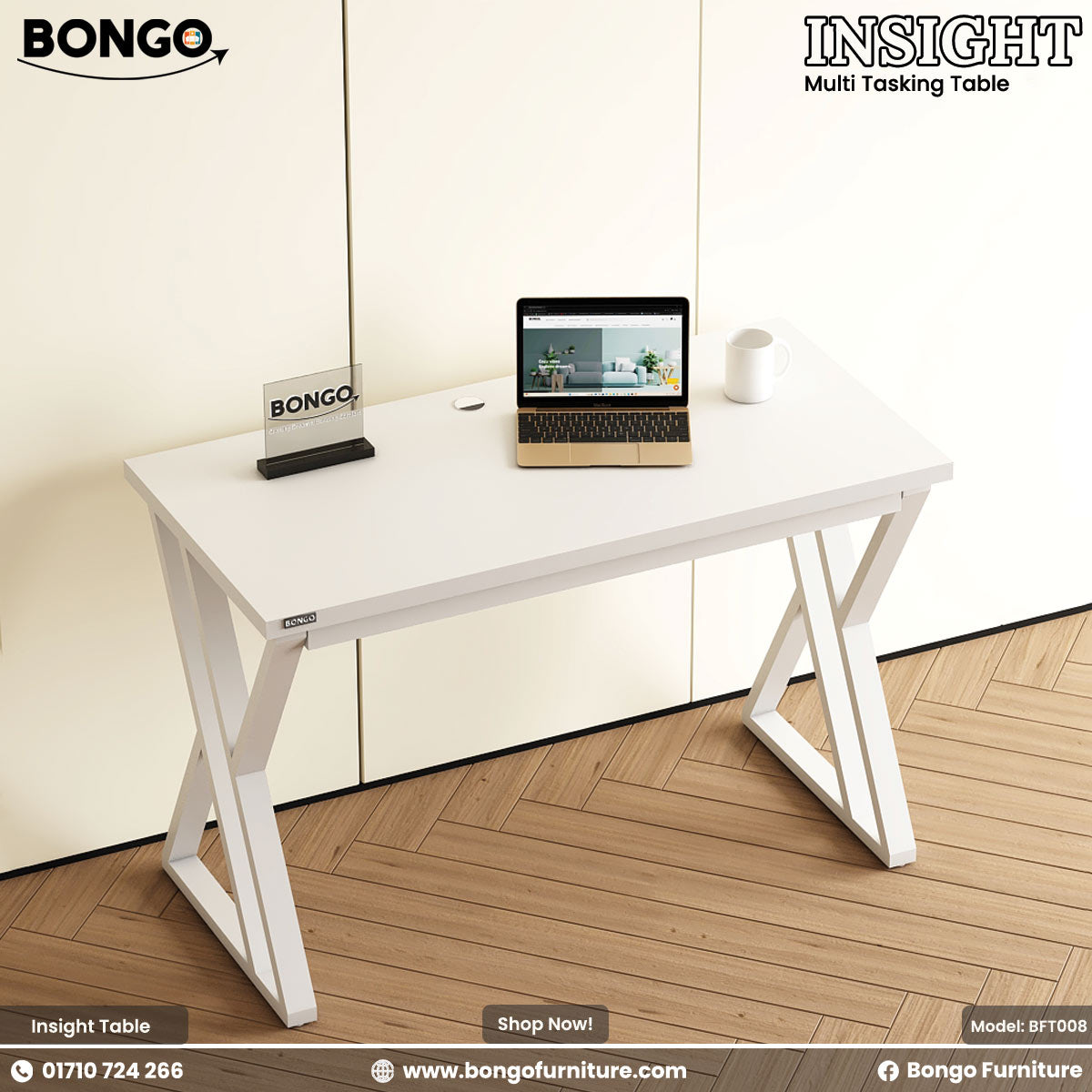 White multi-tasking table with a laptop and mug on a wooden floor, branded as Bongo Furniture.