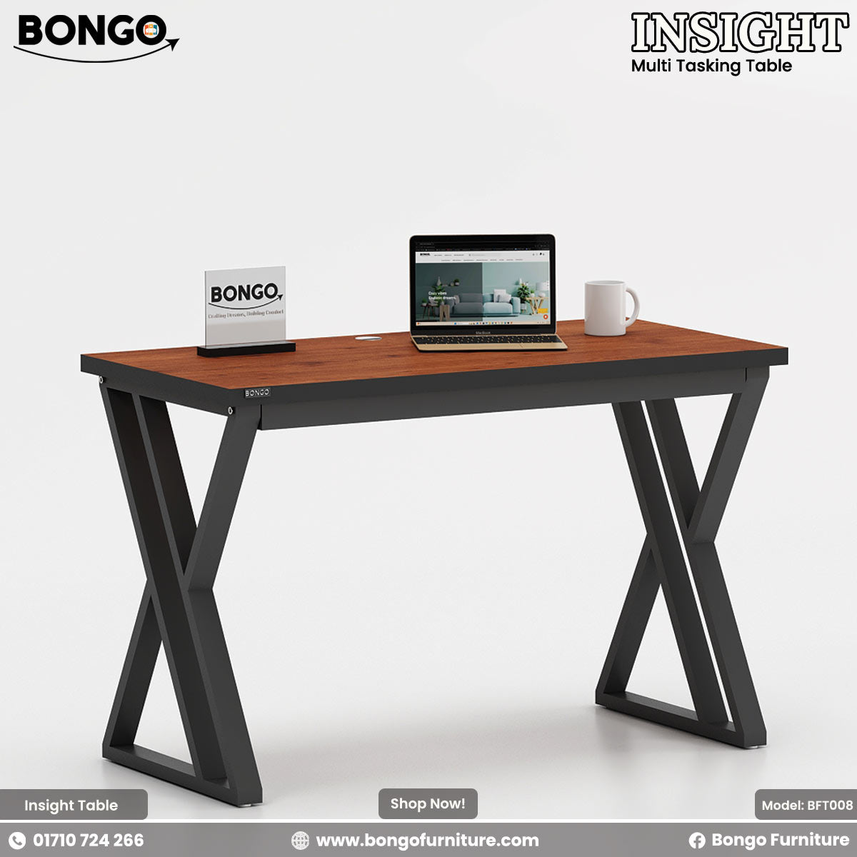Bongo Insight multi-tasking table with a laptop, mug, and small sign on a white background