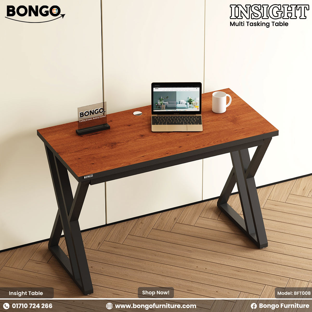 Water Resistant Strong Laminated Board desk with laptop and mug on a wooden floor, Bongo Furniture brand visible