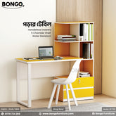 A white and yellow Inspire Study Table with shelves and a laptop on top, placed against a home interior backdrop.