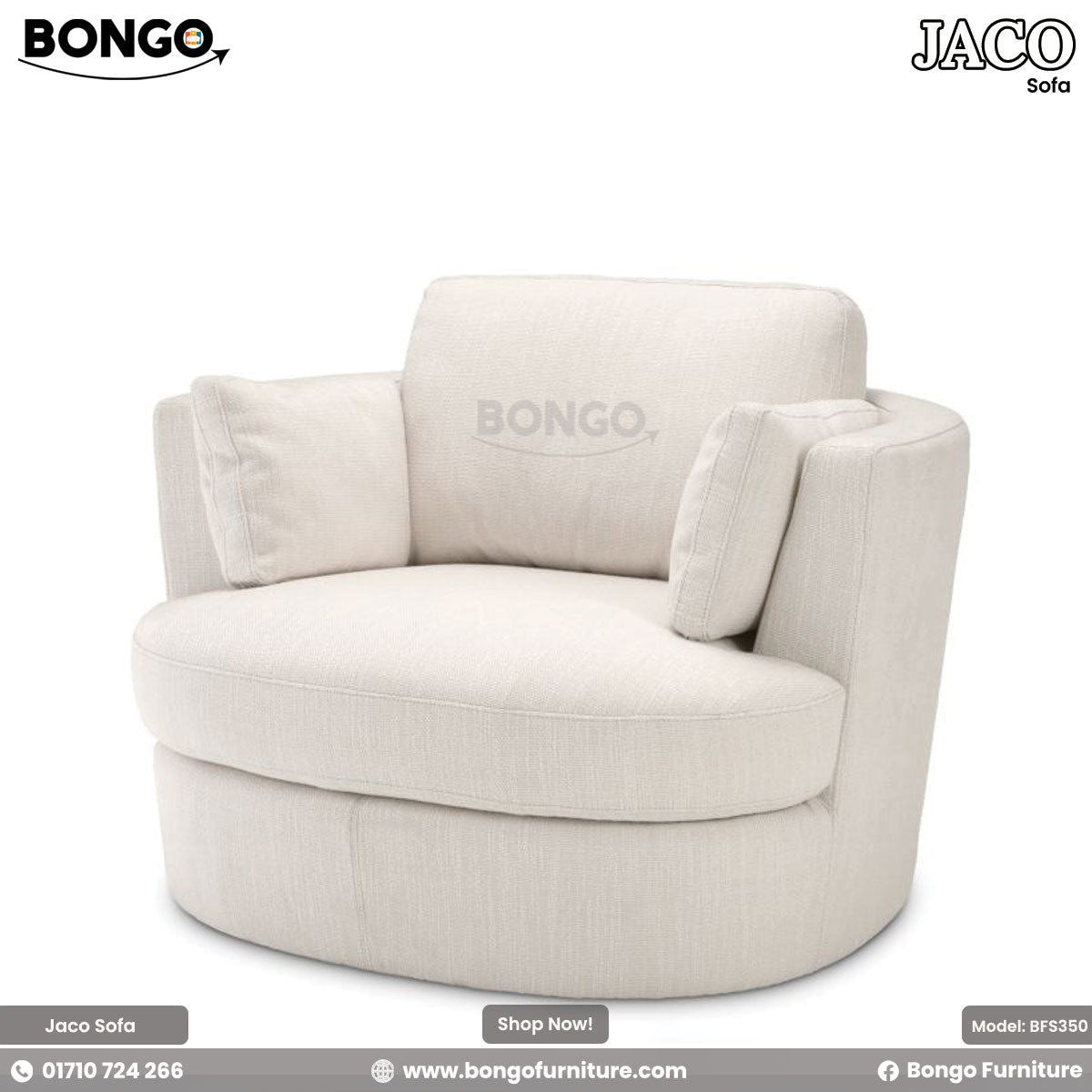 A beige Jaco sofa with a plush design, featuring Shanell fabric upholstery and a matching round footstool.