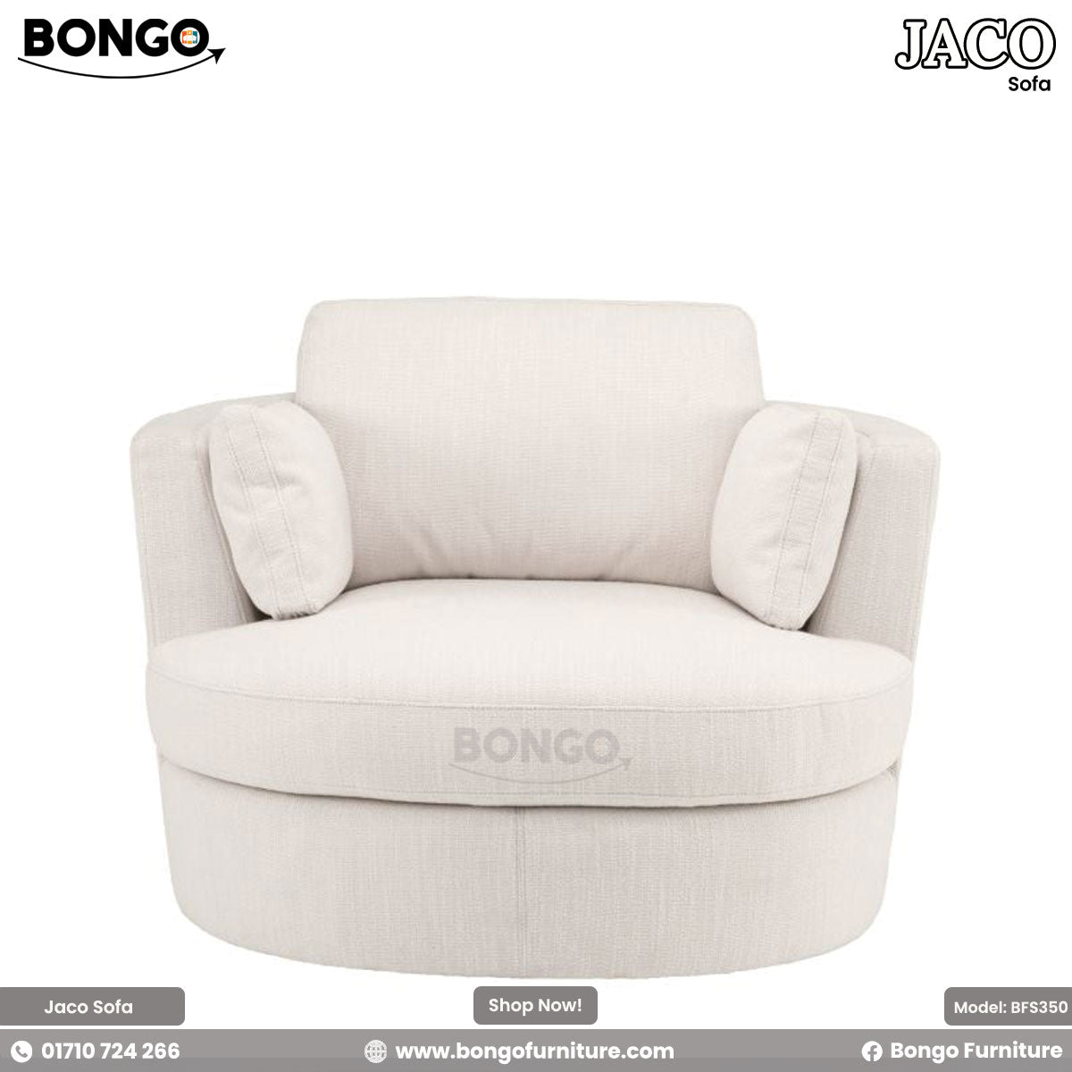 A beige Jaco sofa with a plush design, featuring Shanell fabric upholstery and a matching round footstool.