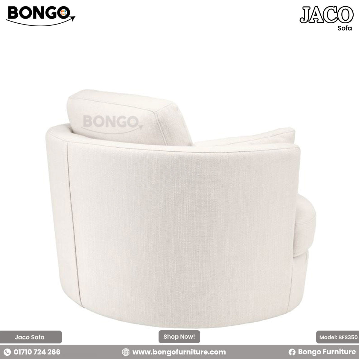 A beige Jaco sofa with a plush design, featuring Shanell fabric upholstery and a matching round footstool.