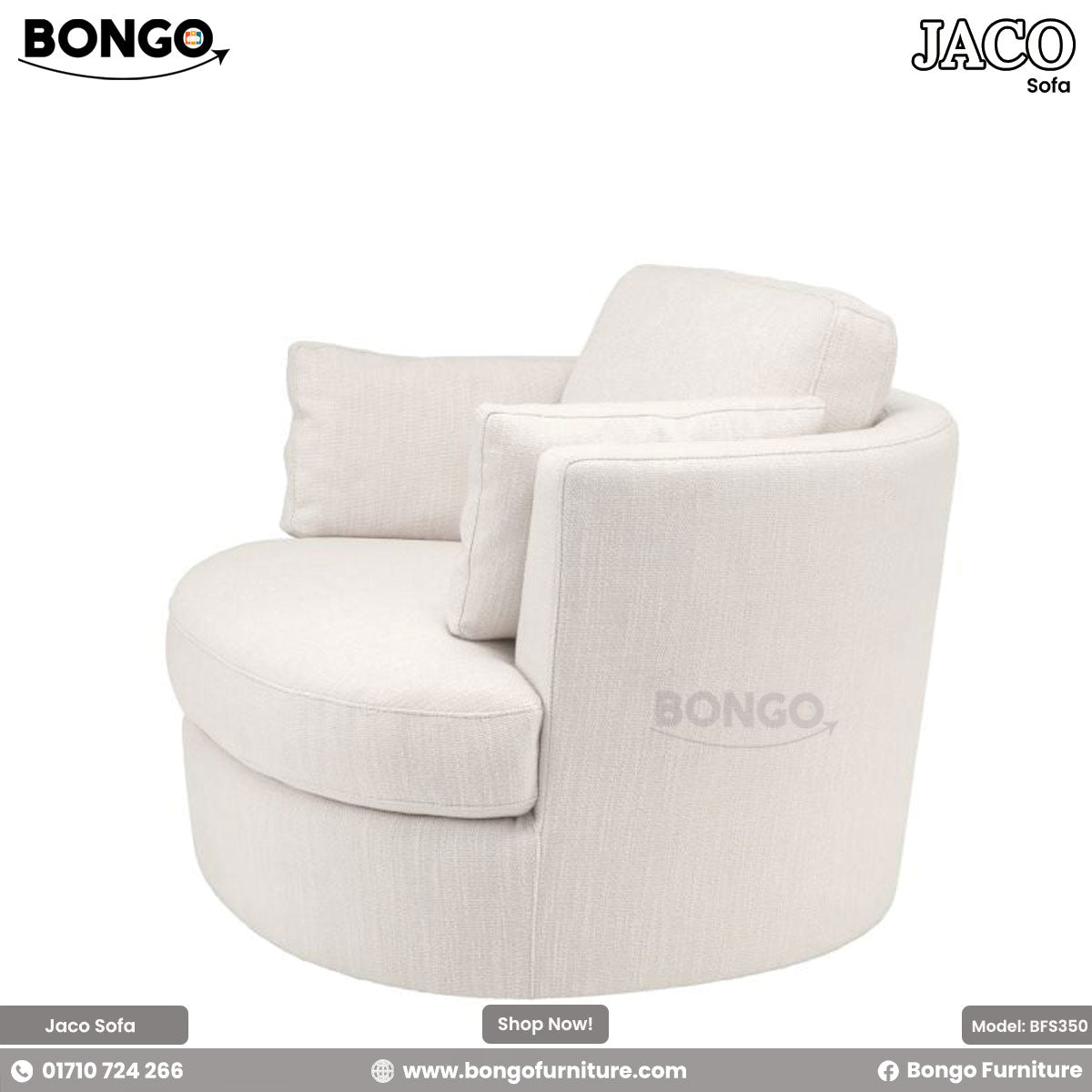 A beige Jaco sofa with a plush design, featuring Shanell fabric upholstery and a matching round footstool.