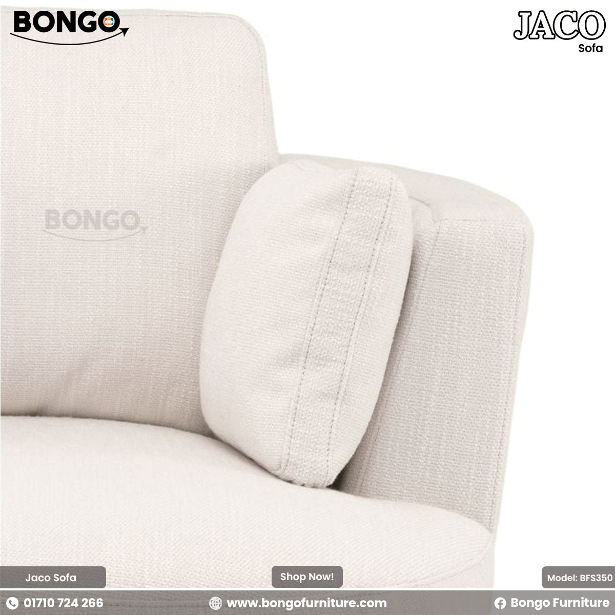 A beige Jaco sofa with a plush design, featuring Shanell fabric upholstery and a matching round footstool.