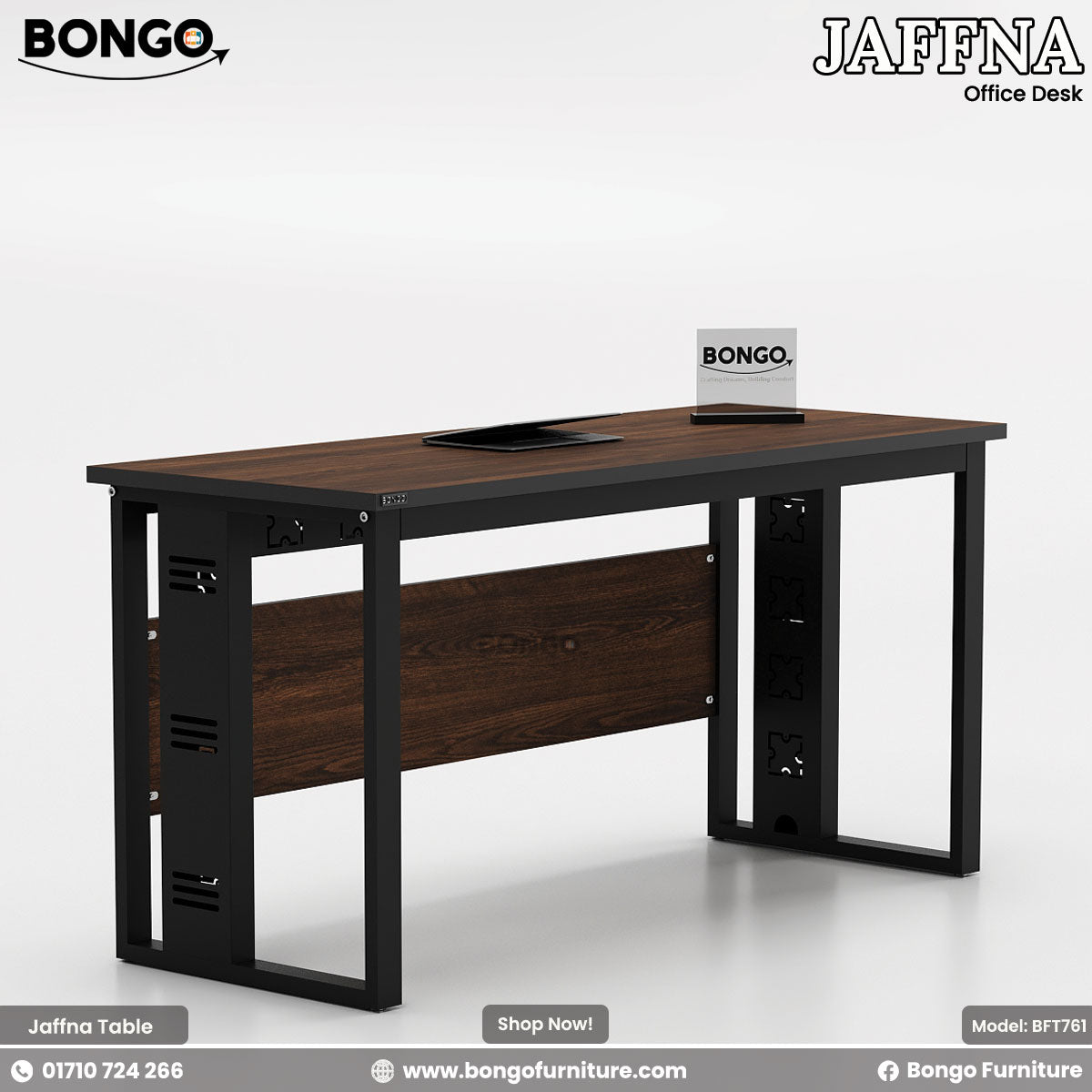 Water Resistant Strong Laminated Board office desk with black metal legs on a white background, featuring Bongo Furniture branding.