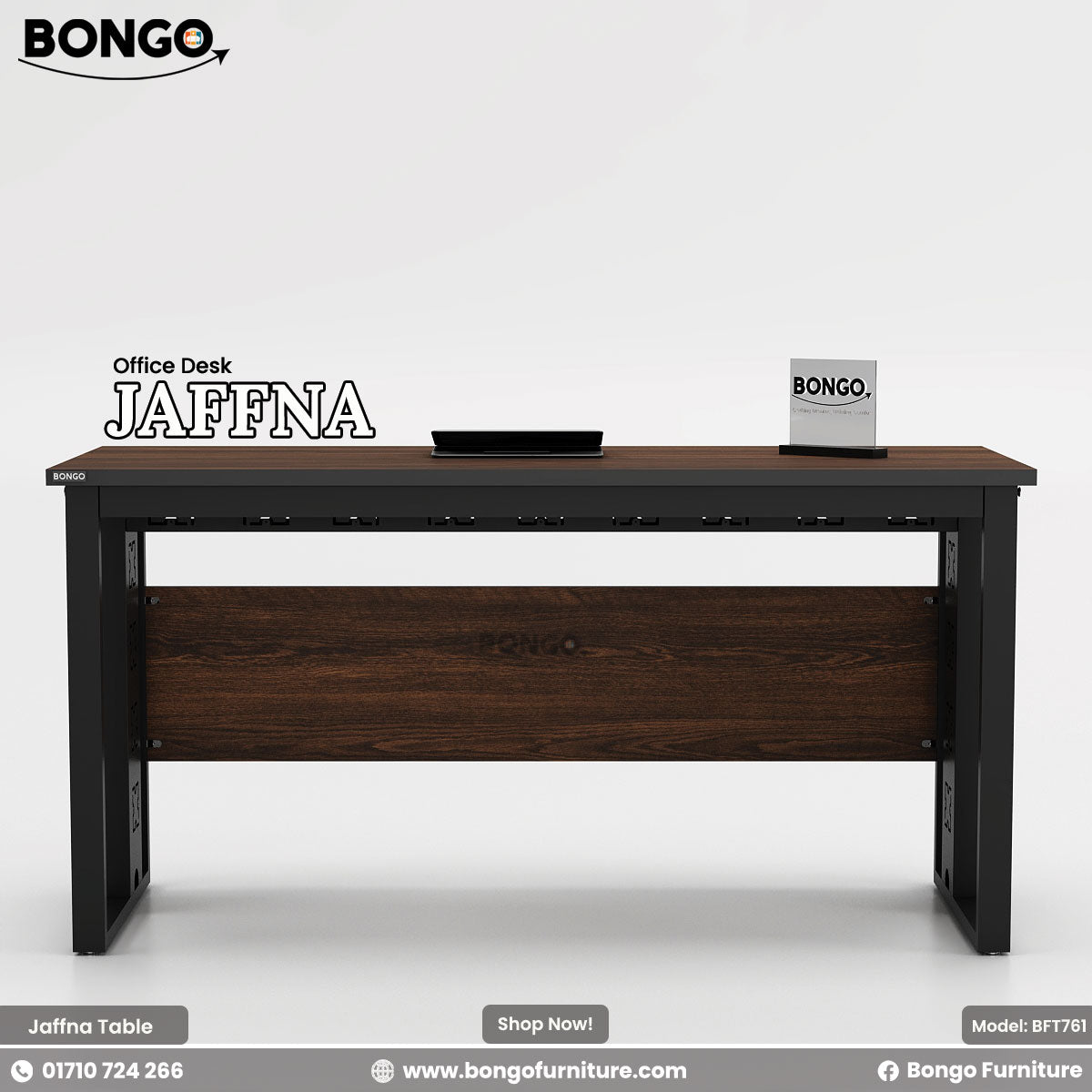 Bongo office desk Jaffna with Water Resistant Strong Laminated Board surface and black frame on a white background