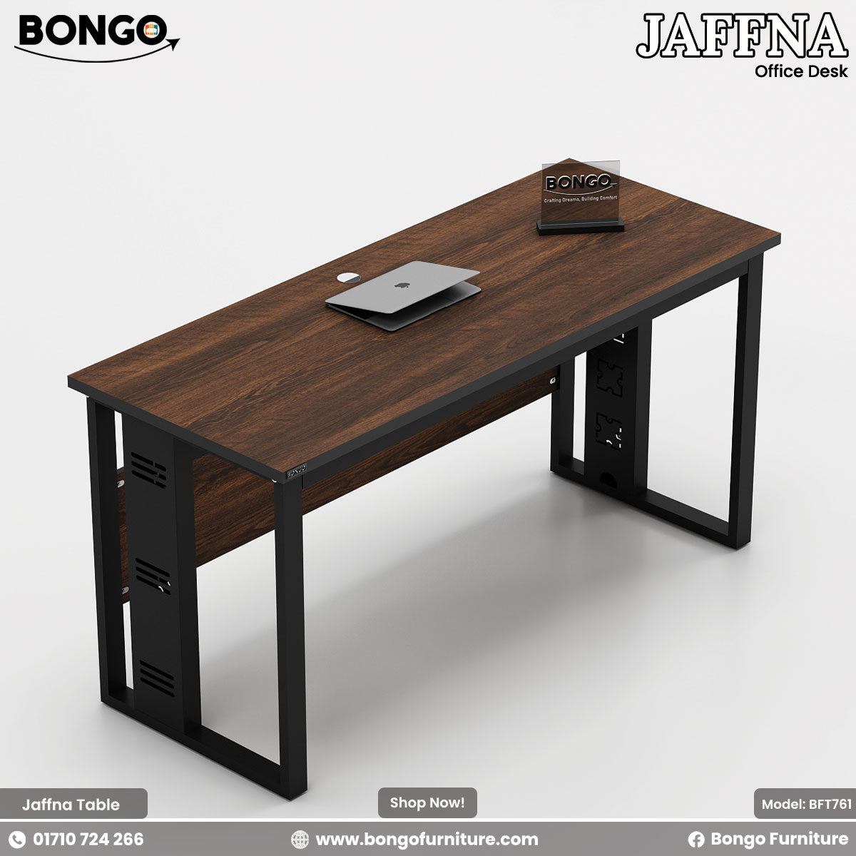 Water Resistant Strong Laminated Board office desk with black metal legs on a white background, featuring Bongo Furniture branding.