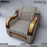 A Jamaica sofa with a striped fabric upholstery, wooden frame with golden accents, and golden detailed legs.