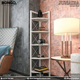 Corner shelf with decorative items in a living room setting, featuring Bongo Furniture branding.