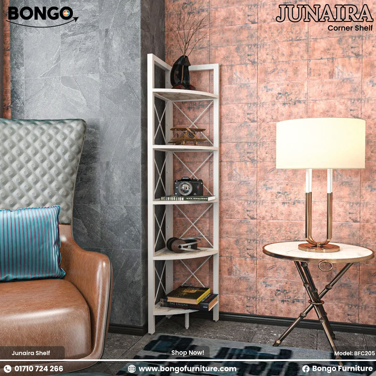 Bongo Furniture Junaira corner shelf in a living room setting with a sofa and lamp.