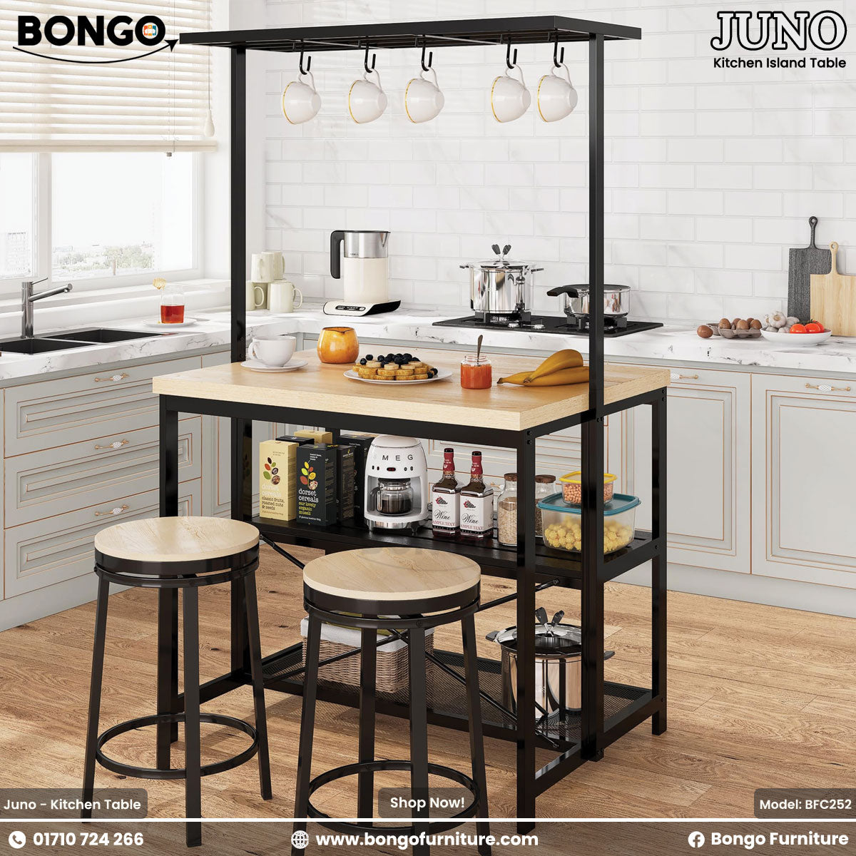 A kitchen island table named Juno with a steel frame and Water Resistant Strong Laminated Board tabletop, equipped with shelves and hanging utensils.