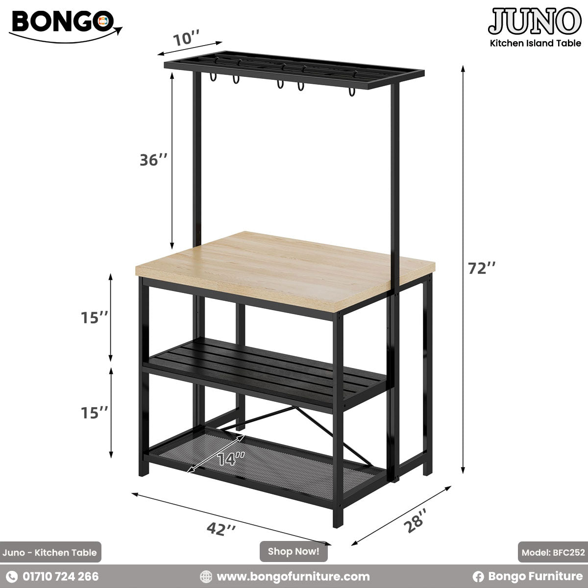 A kitchen island table named Juno with a steel frame and Water Resistant Strong Laminated Board tabletop, equipped with shelves and hanging utensils.