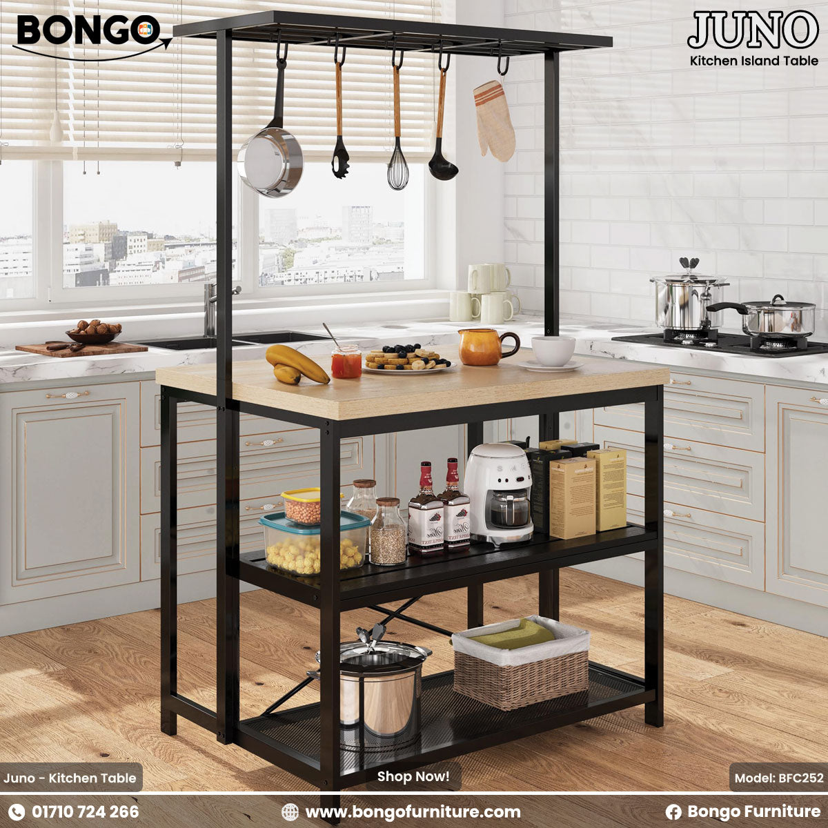 A kitchen island table named Juno with a steel frame and Water Resistant Strong Laminated Board tabletop, equipped with shelves and hanging utensils.