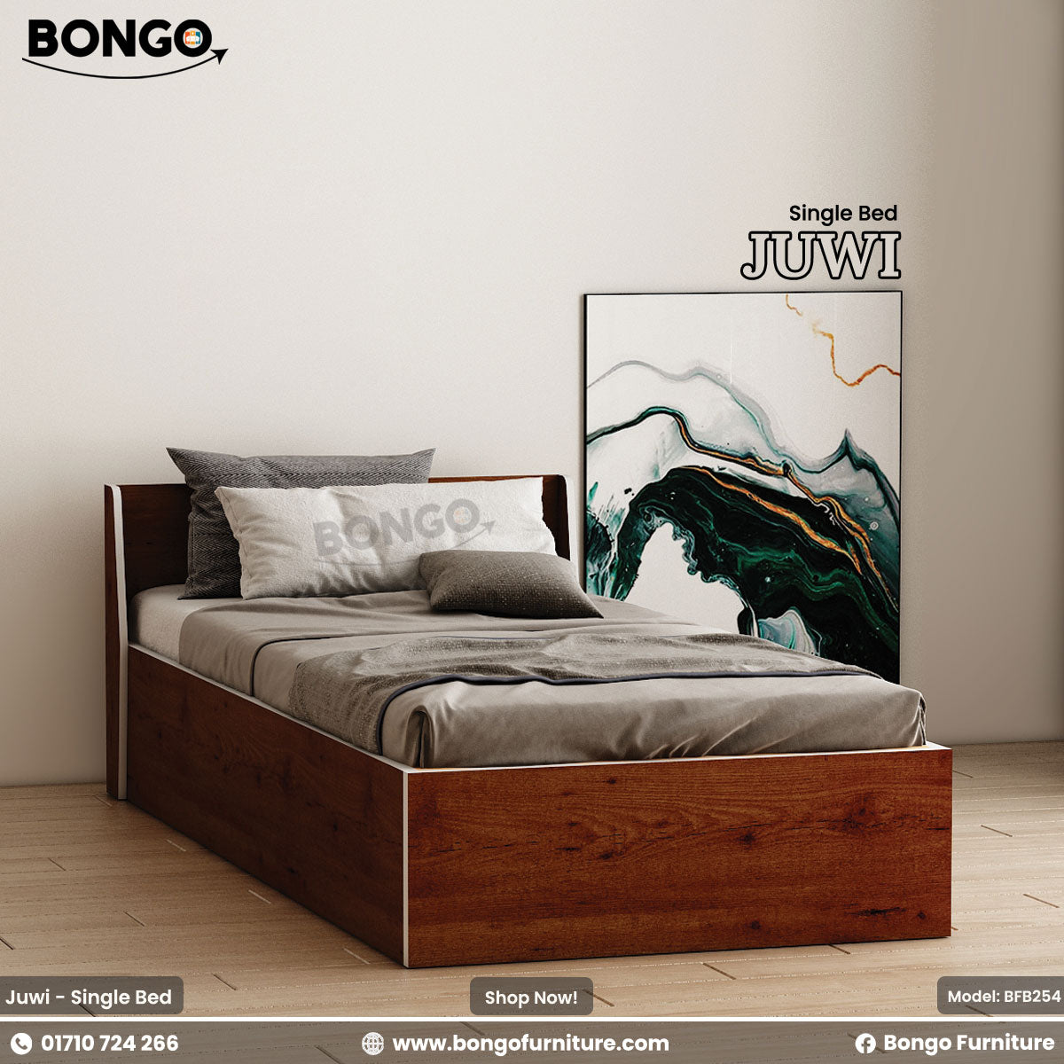 A single bed with a brown Water Resistant Strong Laminated Board headboard and footboard, featuring a gray mattress and pillows, placed against a white wall with a promotional banner above it.