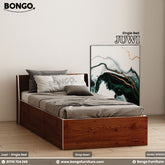 A single bed with a brown Water Resistant Strong Laminated Board headboard and footboard, featuring a gray mattress and pillows, placed against a white wall with a promotional banner above it.