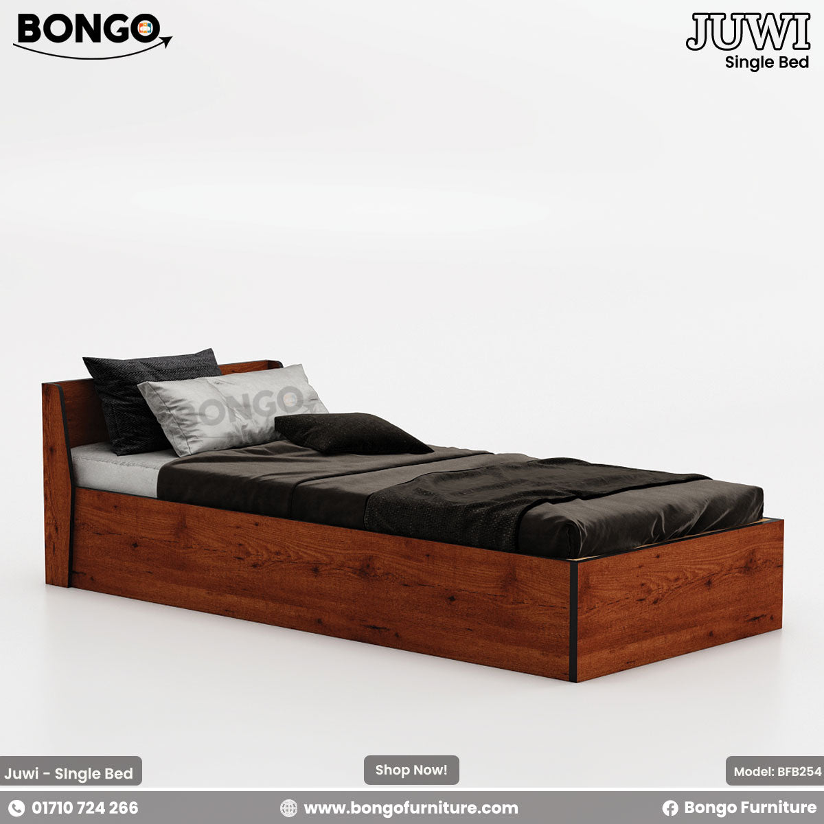 A single bed with a brown Water Resistant Strong Laminated Board headboard and footboard, featuring a gray mattress and pillows, placed against a white wall with a promotional banner above it.