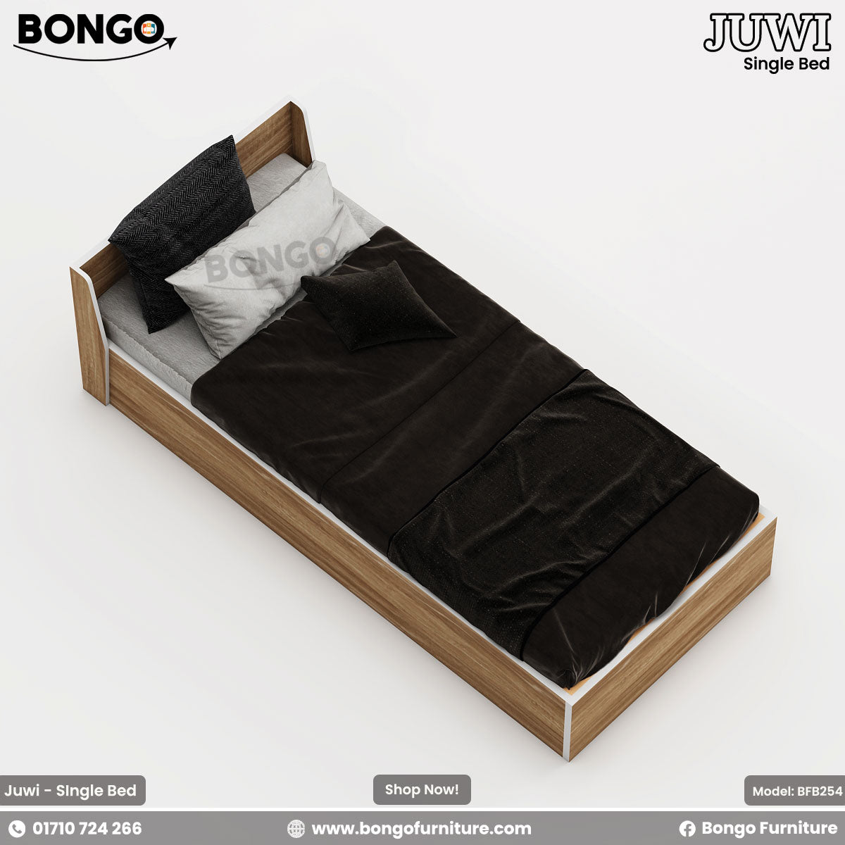 A single bed with a brown Water Resistant Strong Laminated Board headboard and footboard, featuring a gray mattress and pillows, placed against a white wall with a promotional banner above it.