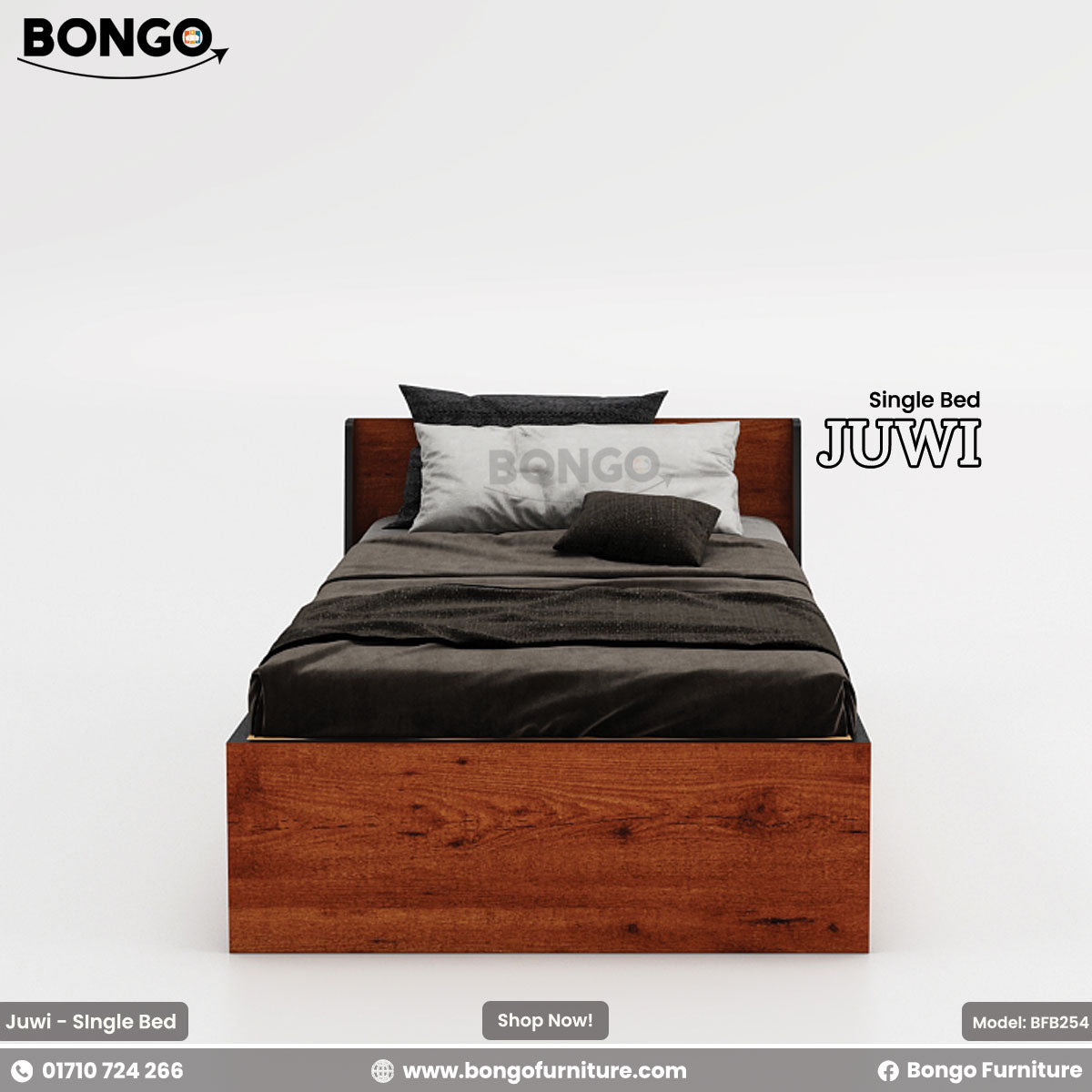 A promotional image of the 'JUWI Single Bed' from BONGO. The modern platform bed features a low headboard and a solid, boxy frame with a dark wood-grain finish. The bed is shown fully styled with dark gray bedding against a plain white background.