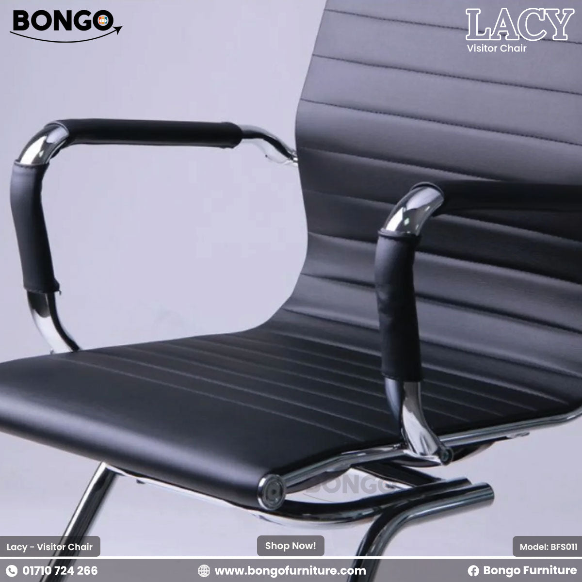 A promotional close-up of the 'LACY Visitor Chair' from BONGO. The image focuses on the black, horizontally ribbed, leather-style upholstery and the polished chrome frame. A detailed view of the curved chrome armrest with its black padded wrap is also featured.