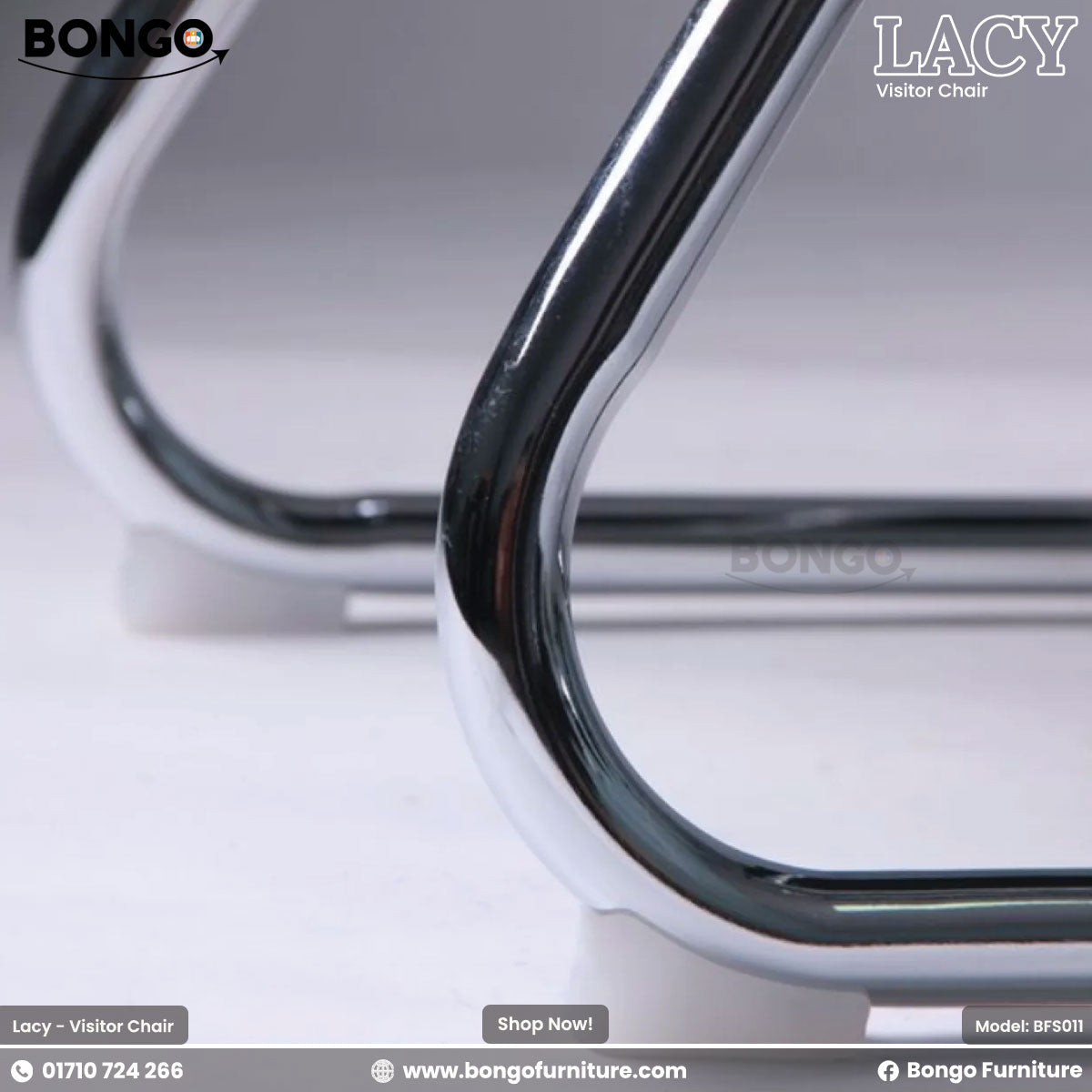 A promotional close-up for the 'LACY Visitor Chair' from BONGO. The image is a detailed, low-angle shot of the chair's C-shaped cantilever base, highlighting the smooth curve and highly reflective, mirror-like finish of the polished chrome tubing.