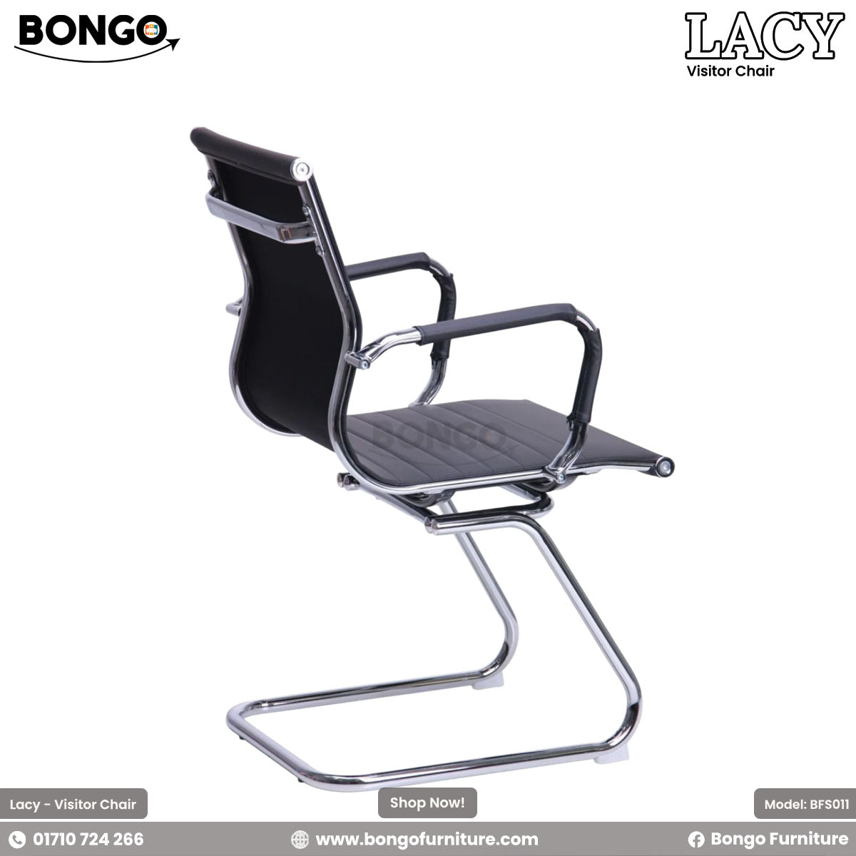 A promotional image of the 'LACY Visitor Chair' from BONGO. The modern office chair features a polished chrome cantilever frame and a black leather-style sling seat and back with horizontal ribbed stitching. The chrome armrests include black padded wraps. The chair is shown from a rear-side angle against a plain white background.