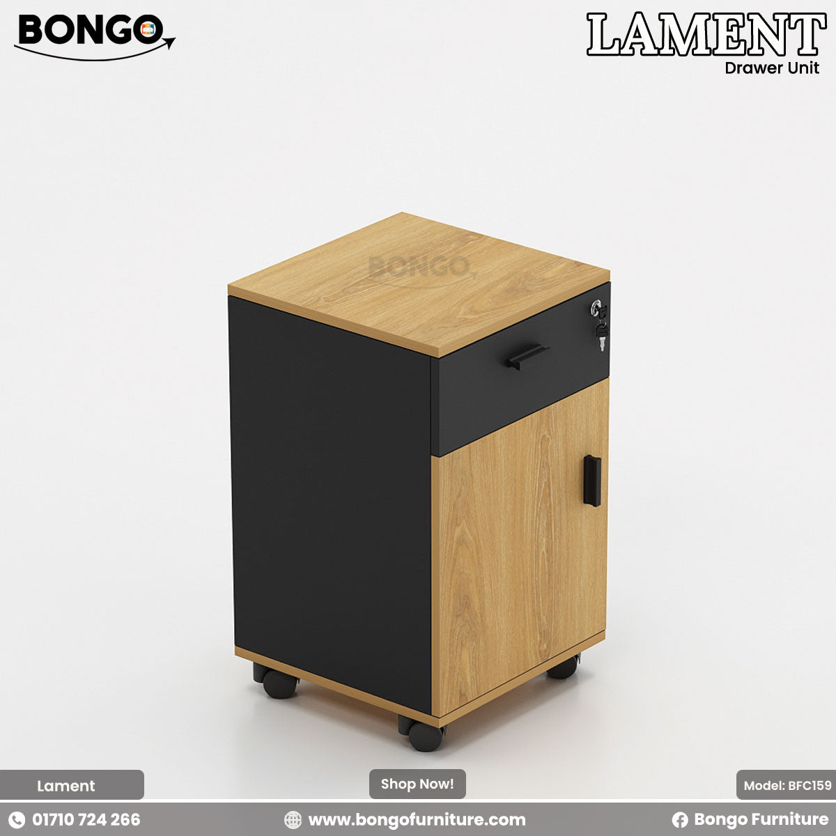 Water Resistant Strong Laminated Board drawer unit with black base on a white background, featuring Bongo Furniture branding.